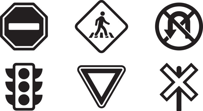 Set of six road traffic signs and signals icons in black white Vector