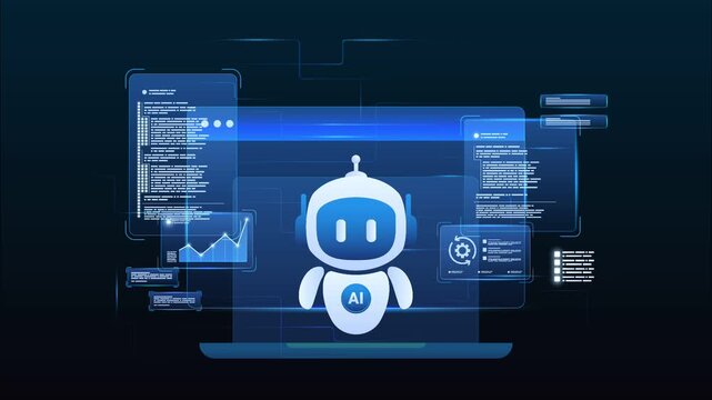 Futuristic AI workflow automation dashboard with ai agent assistant processing system, data analytic, coding panels and process flow, looped animation