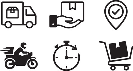 Delivery service icons set with truck, motorcycle, and shopping cart Vector © Nur