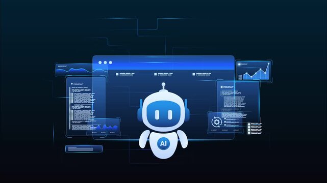 Futuristic AI workflow automation dashboard with ai agent assistant, coding panels and data analytics dashboard, looped animation