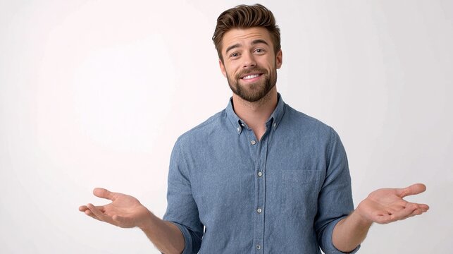 Smiling man with a beard gestures with open hands, presenting or offering something, against a light