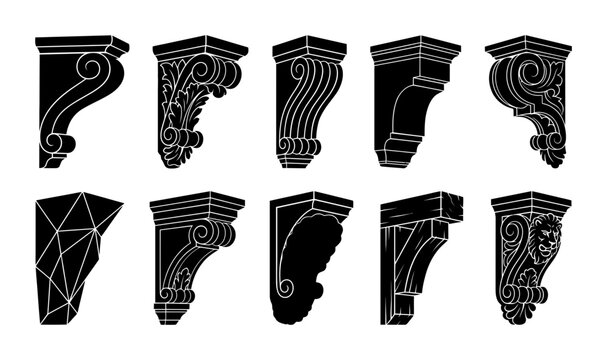 Set of Ten Elegant Architectural Corbel Silhouettes for Classical Building Design and Interior Decoration