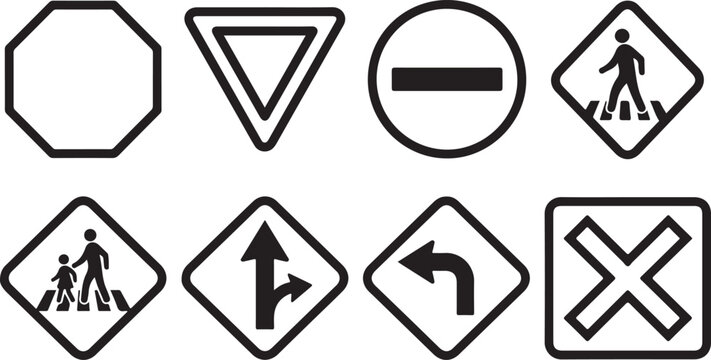 Set of eight road and pedestrian traffic warning vector icons Vector