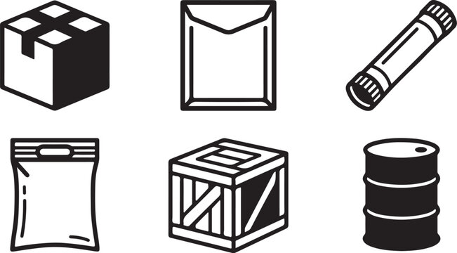 Six different packaging and shipping container icons in black and white Vector