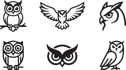 Obraz premium Black and white set of six stylized owl icons and illustrations Vector