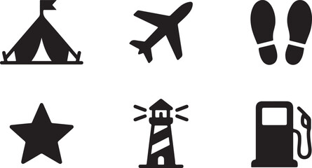 Fototapeta premium Six minimalistic travel and adventure icons set Vector