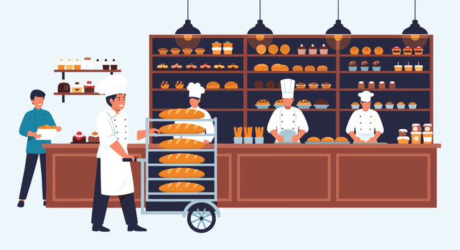 Professional bakers in white uniforms working in commercial bakery shop filled with fresh bread and pastries.