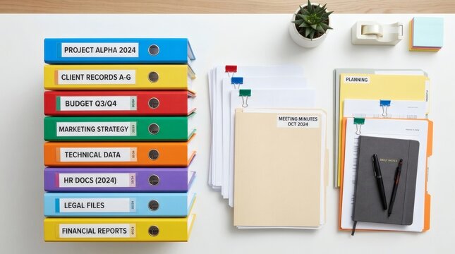 Stacked office binders and documents on desk