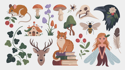 Obraz premium Collection of forest animals, mystical plants, and whimsical items arranged playfully