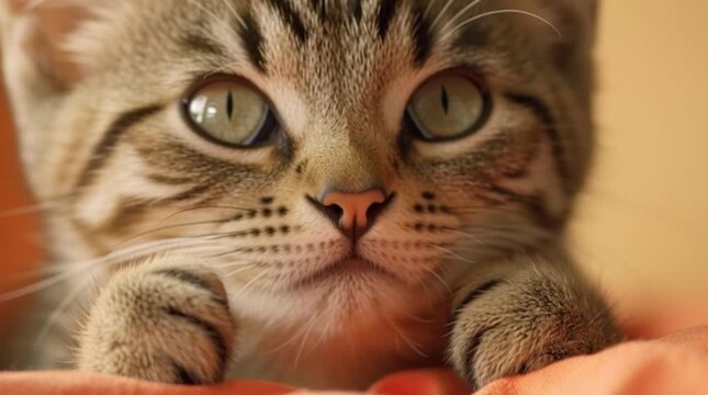 Cute tabby kitten looking directly at camera.
