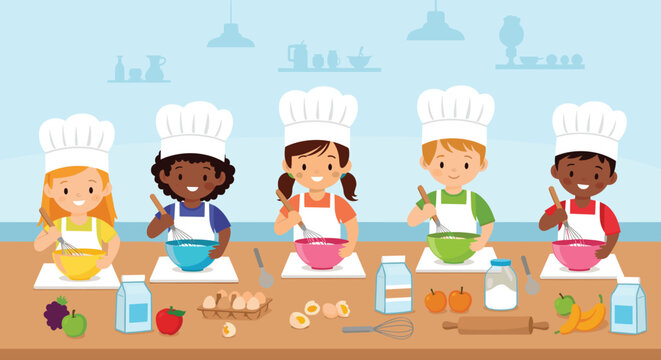Group of diverse children wearing chef hats and aprons mixing ingredients in colorful bowls at a long wooden table.