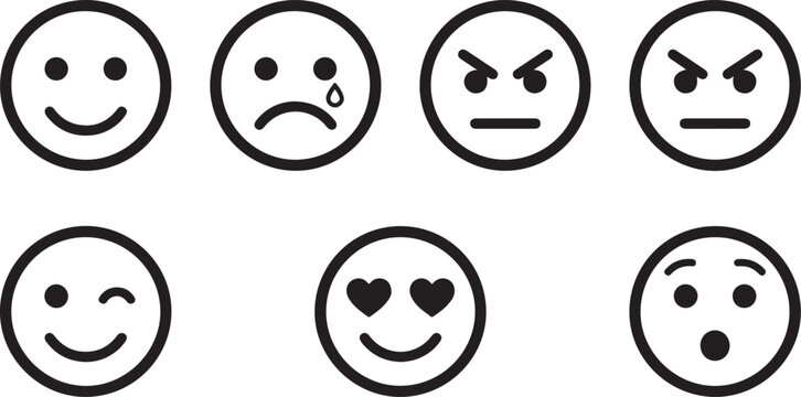 Set of eight simple black and white emotion faces icons Vector