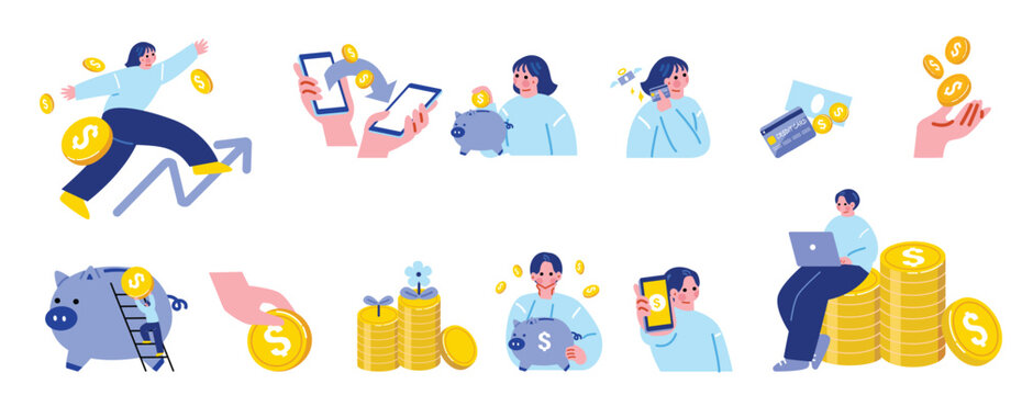 お金を稼ぐ人々のイラストセット