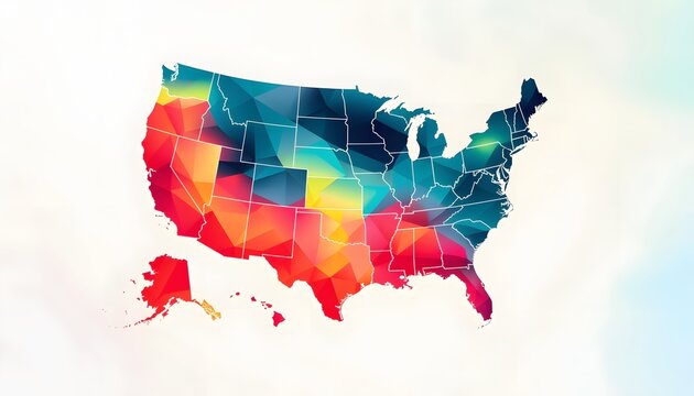 Low poly map of the United States including Alaska and Hawaii. Creative infographic and geometric presentation. Colorful abstract mosaic displaying all state regions