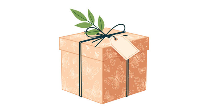 Beautifully wrapped gift box with butterfly patterns and a blank gift tag sits alone, ready for a special celebration or holiday surprise.