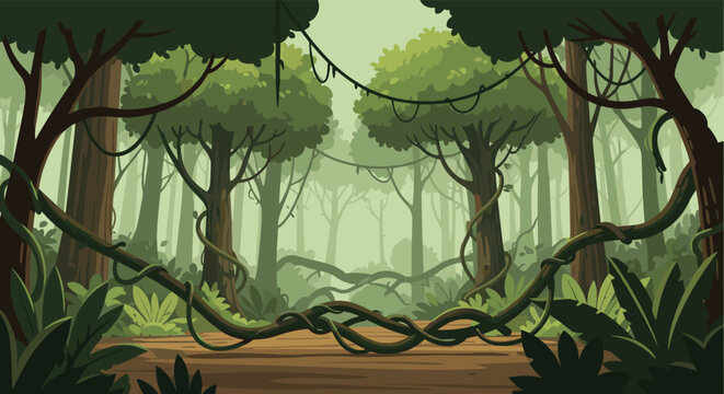 Dense tropical jungle forest background with tall trees hanging vines and thick green foliage in natural setting.