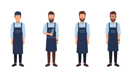 Fototapeta premium Set of four male barbers or waiters wearing aprons, standing in various poses, isolated on a white background.