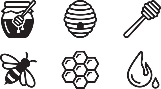 Black and white honey bee and hive icons set Vector