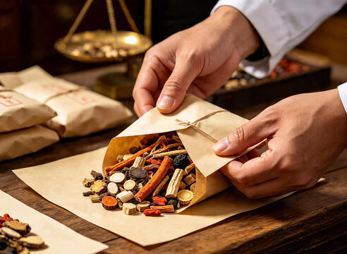한방 약재를 포장하는 손 / Hands Wrapping Herbal Medicine Ingredients