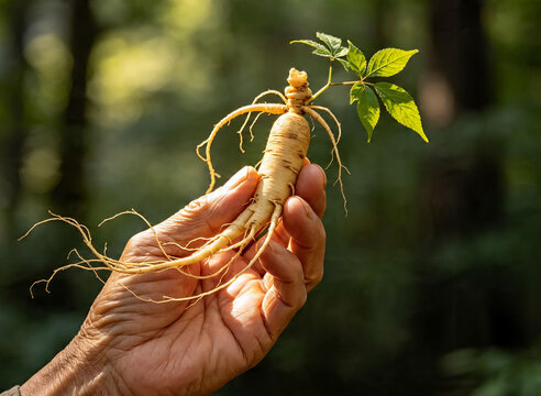 숲속에서 들고 있는 신선한 인삼 / Fresh Ginseng Held in a Forest
