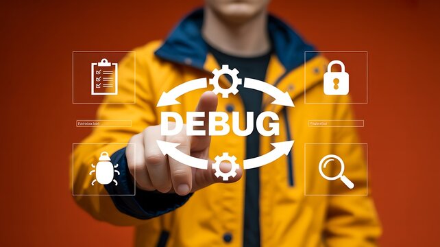 Debug software development concept with programmer touching interface