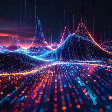 A vibrant digital landscape with neon-lit mountains and data points