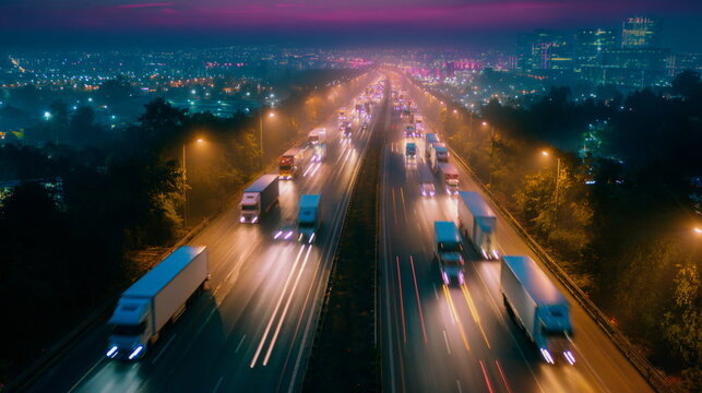 Multiple freight trucks speeding along a busy highway at night represent modern logistics, fast delivery networks and global transportation.