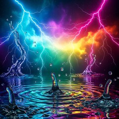 Naklejka premium Vibrant Lightning Storm Over Water With Rainbow Colors.