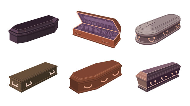 Collection of isometric coffins in different colors and styles, some open with elegant linings