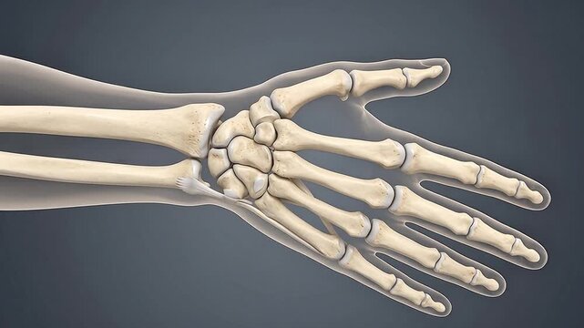 Human Hand Wrist Bone Anatomy 3D Medical Animation Skeleton Translucent Dark Background