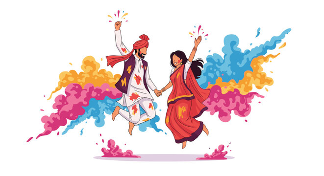 Indian couple in traditional attire jumping with joy during Holi festival celebration featuring vibrant clouds of colored powder.