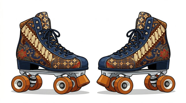 Vintage Quad Roller Skates with Javanese Batik Fabric Pattern Design