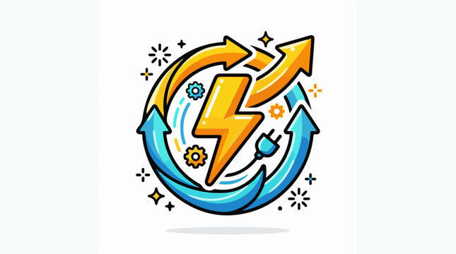 A stylized lightning bolt amidst swirling arrows and gears on white