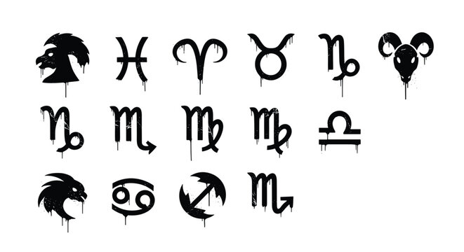Black ink zodiac signs and astrological symbols with a grungy dripping paint effect organized in rows on a clean white background.