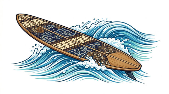 Classic Wooden Surfboard with Batik Pattern Riding an Ocean Wave