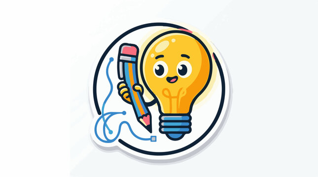 A cartoon lightbulb character holding a colorful pencil