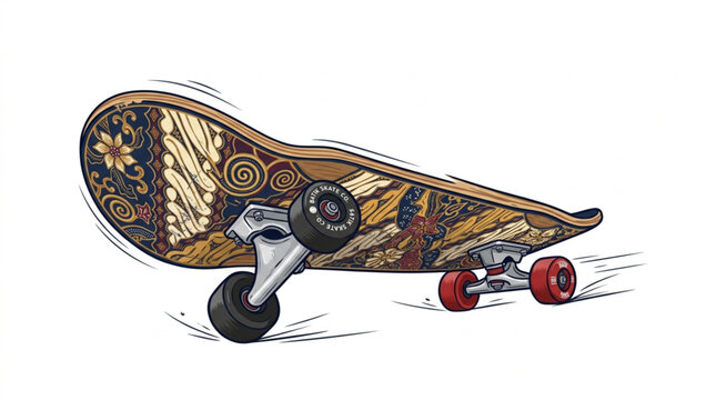 Skateboard Vector Illustration with Traditional Indonesian Batik Pattern Design isolated on White Background