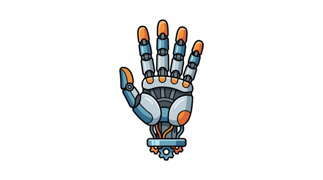 A cartoon robotic hand with metallic components and orange accents
