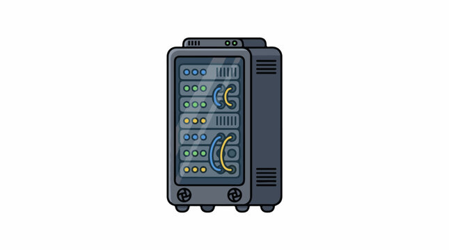 Gray server with blue green and yellow lights on front panel