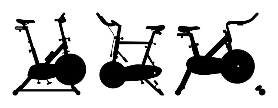 Stationary fitness bike set with solid black icon on white background featuring fitness equipment, exercise, health with sports and wellness