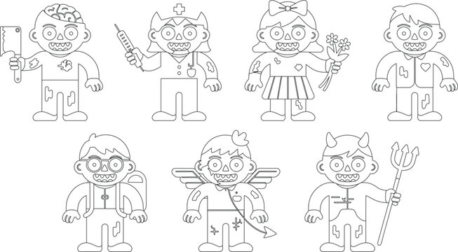 Collection of outline zombie figures portraying diverse professions for Halloween festivities