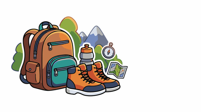 A vibrant cartoon illustration of hiking gear