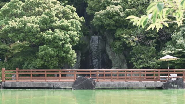 緑豊かな日本庭園の滝と和の情緒ある橋
