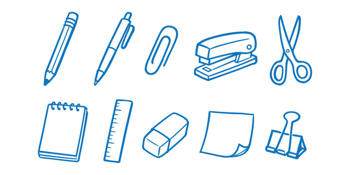 stationery elements and office school supply doodle icon set with pencil pen paperclip stapler scissors notebook ruler eraser sticky note and binder clip vector illustration