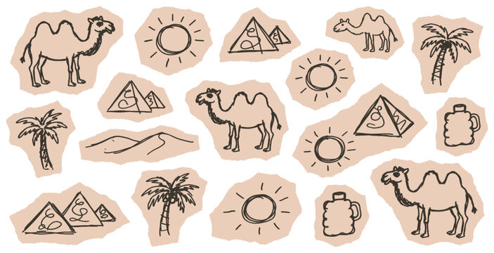 Hand-drawn desert-themed doodle art with camels, pyramids, suns, and palm trees on torn paper cutouts.