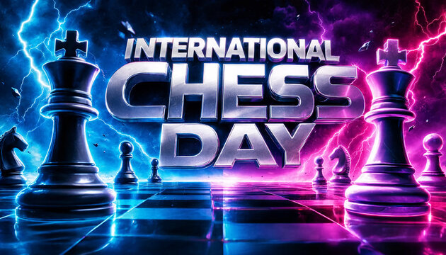 International chess day celebration with kings on a glowing chessboard