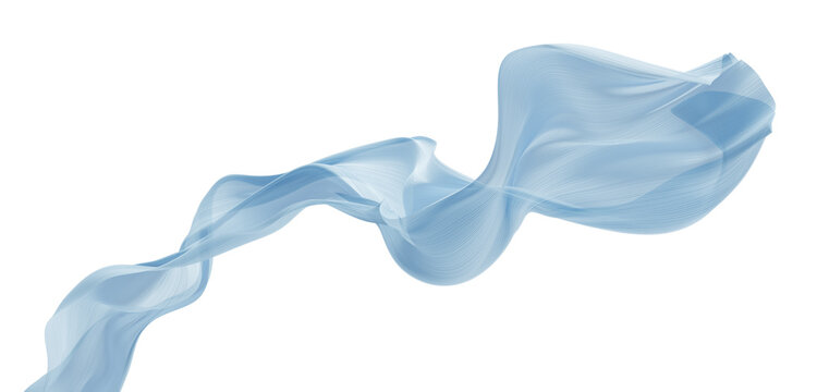 Luxury light blue pleated chiffon fabric flowing isolated on transparent background with copy space 3D render