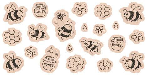 Cute Cartoon Bees, Honey Pots, and Honeycombs on a Light Background, Perfect for Children's Designs. © Riki
