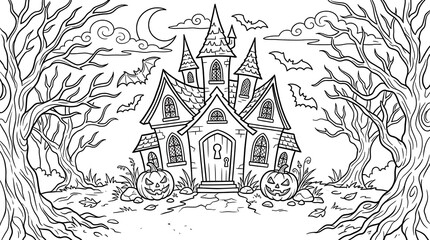 Naklejka premium Haunted house coloring page with pumpkins and spooky trees illustration