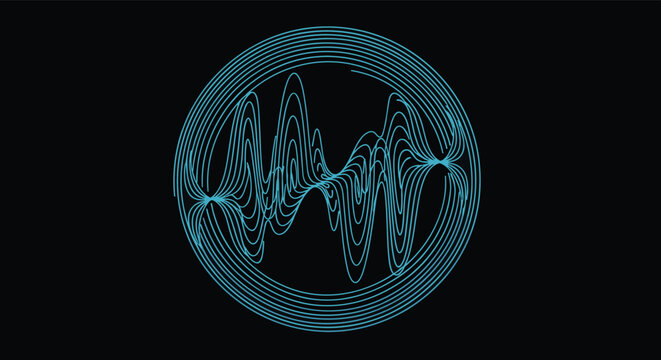 Digital blue audio sound wave visualization displayed as a series of concentric circles and undulating lines on black background.